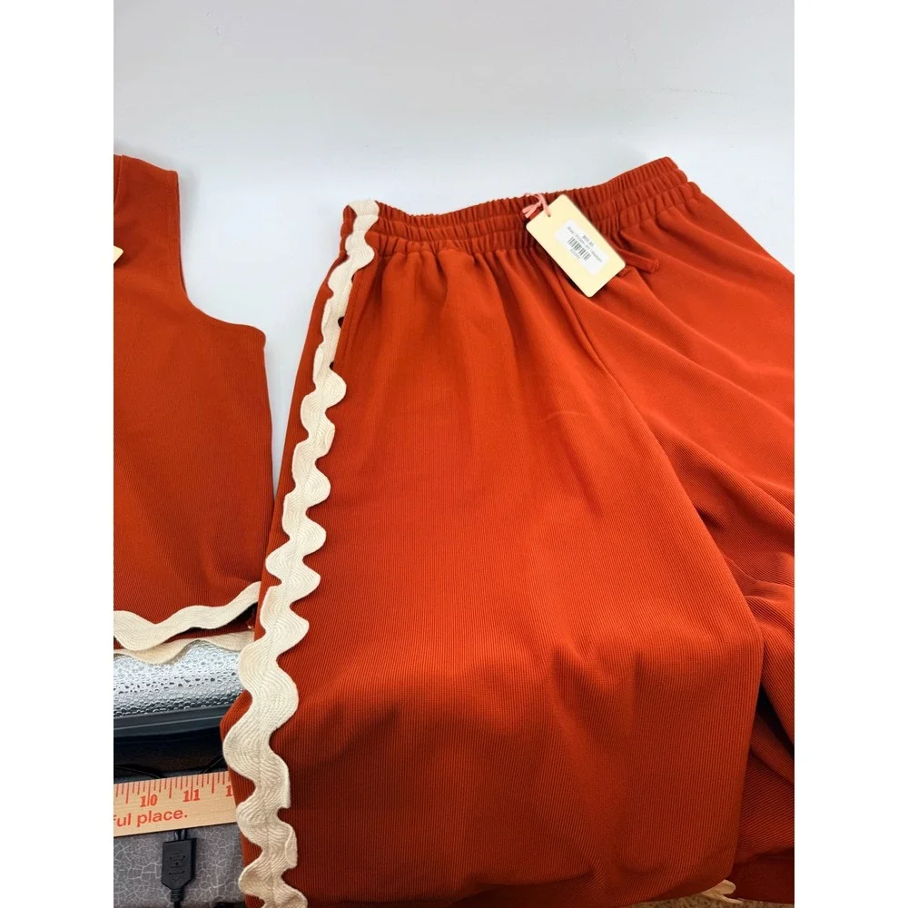 Entro Rust Orange Ribbed Knit Ric Rac Trim Crop Top and Wide Leg Pants Set MED